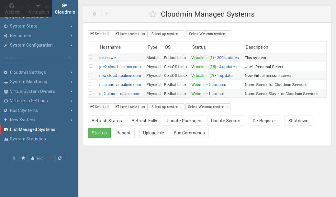 Cloudmin list servers screenshot