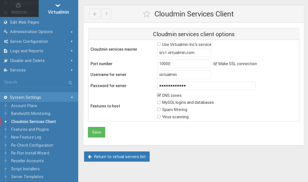 Cloudmin Services client configuration