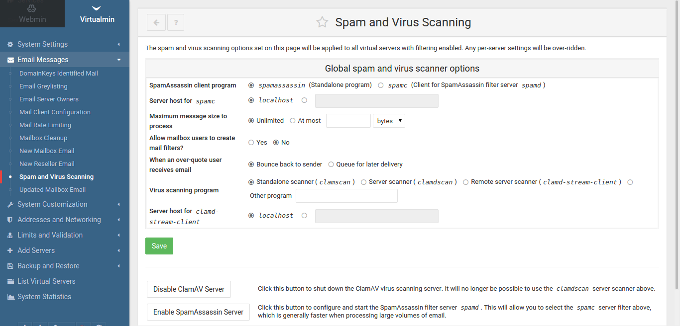 Virtualmin spam and virus scanning